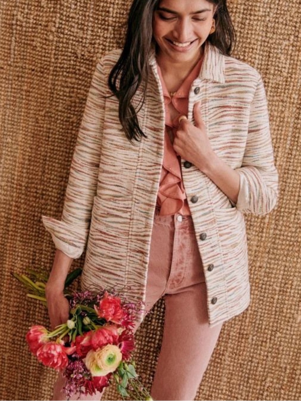 SEZANE Ecru Cream Pink Green Multicolor Zebra Jacquard Textured Will Jacket
